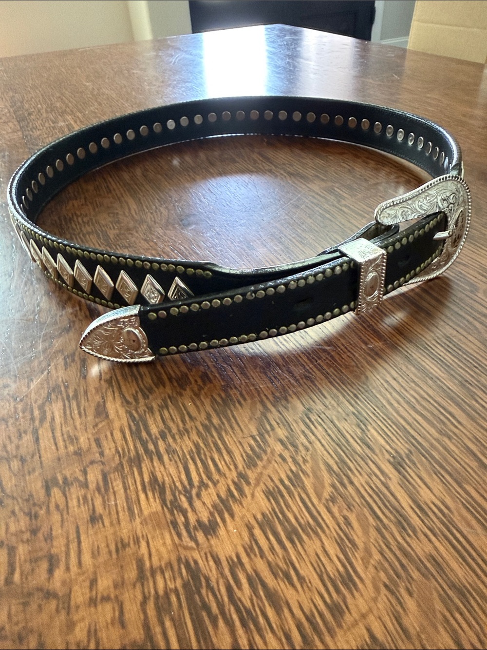 Riveted cowboy Crome Western Black Studded Belt with Silver buckle - 34” waist